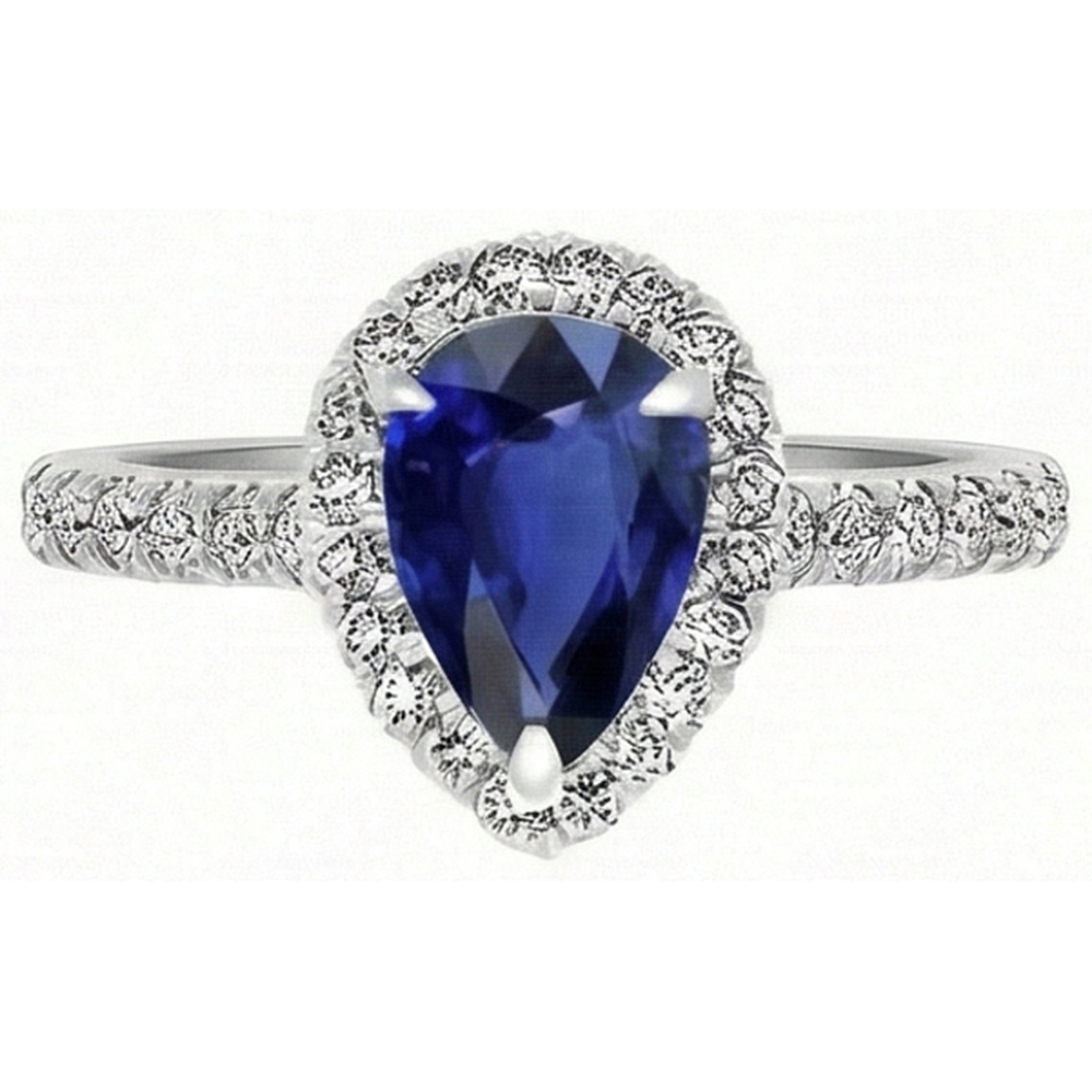 Taille Poire Saphir Bleu bague en Or Blanc 14 Carats – vue de face