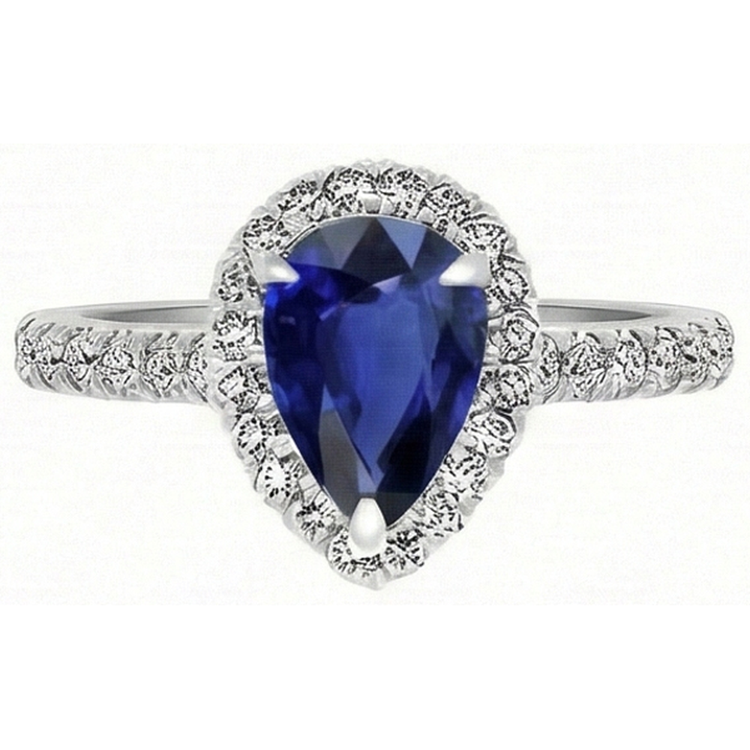 Taille Poire Saphir Bleu bague en Or Blanc 14 Carats – vue de face
