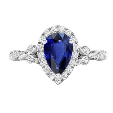 Saphir Bleu Goutte Bague Pierre de Couleur en Or Blanc 14 Carats – vue principale