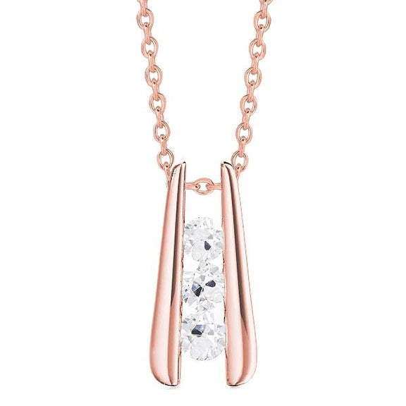 Pendentif Authentique Diamant Or Rose Diapositive 3 Pierres Rond Vieux mineur 1.50 Carats