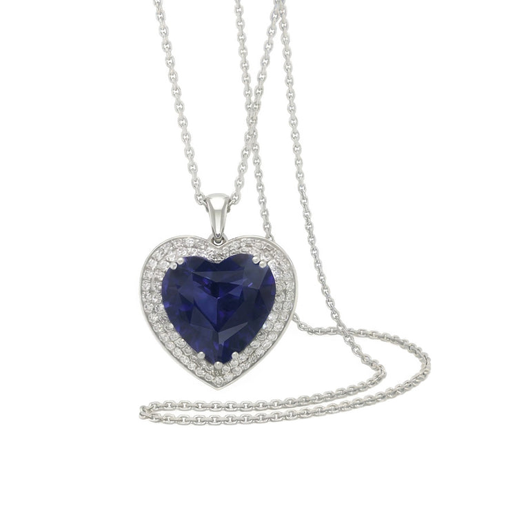 Pendentif Coeur Double Halo Saphir Bleu & Diamant Or 6.50 quilates
