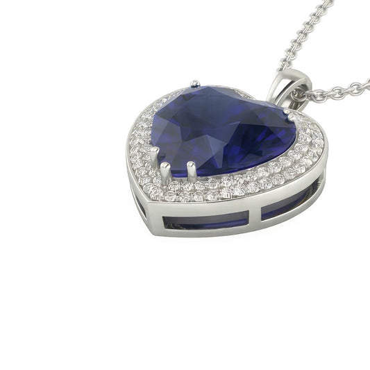 Pendentif Coeur Double Halo Saphir Bleu & Diamant Or 6.50 quilates