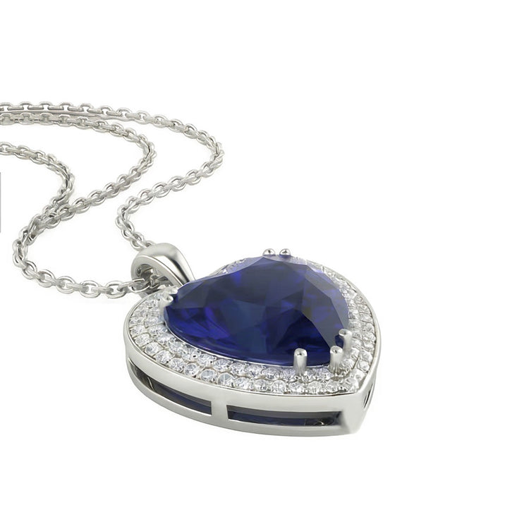 Pendentif Coeur Double Halo Saphir Bleu & Diamant Or 6.50 quilates