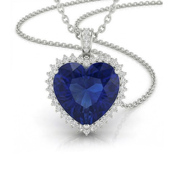 Pendentif Coeur Halo Saphir Bleu Royal
