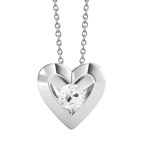 Pendentif Coeur Réel Diamant Or Blanc Avec Chaîne Ronde Taille Ancienne 1 Carat