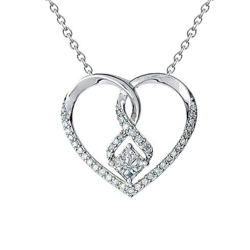 Pendentif Coeur Réel Diamant Princesse Et Forme Ronde 1.39 Carat En Or Blanc 14K