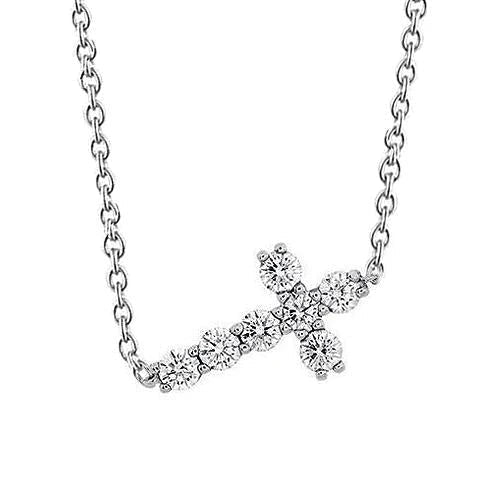 Pendentif Collier Croix Réel Diamant 1.40 Carats Or Blanc 14K