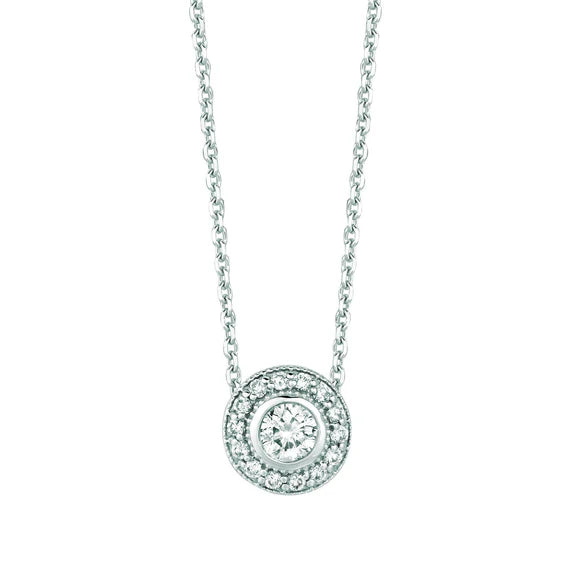 Pendentif Collier Halo Réel Diamant Rond 0.39 Carats Or Blanc 14K