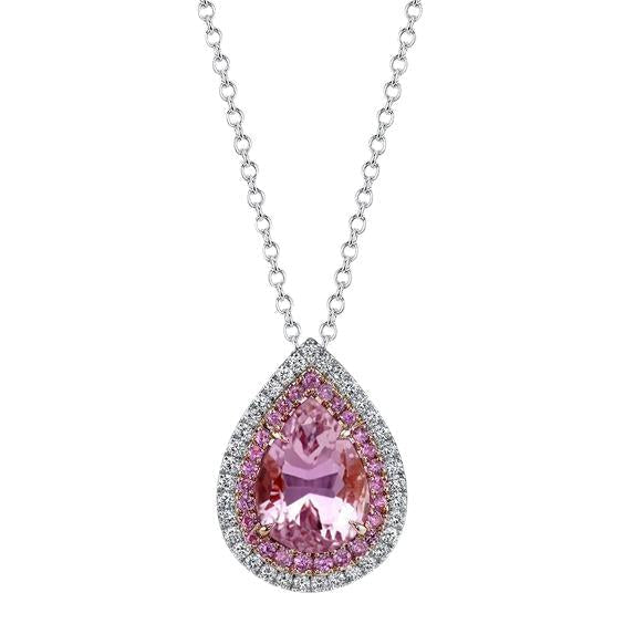 Pendentif Collier Kunzite Rose Et Diamants En Or Blanc 14K 11.75 Ct. - HarryChadEnt.FR