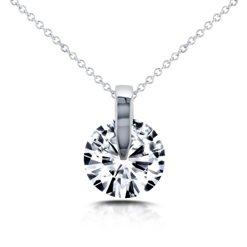 Pendentif Collier Naturel Diamant Solitaire Rond 2 Carats Or Blanc 14K