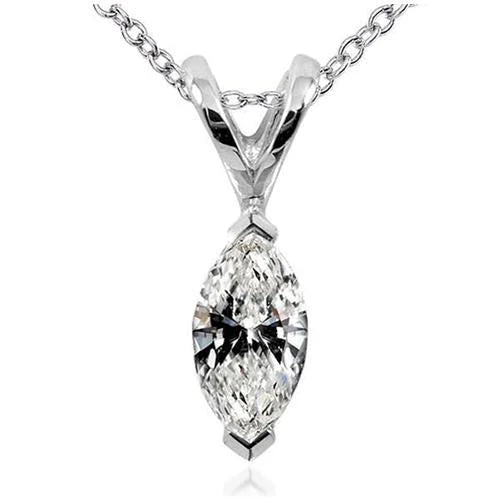 Pendentif Collier Réel Diamant Taille Marquise 1 Carat Or Blanc 14K