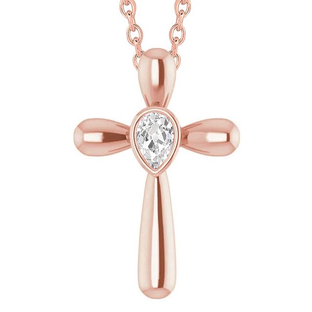 Pendentif Croix Véritable Diamant En Or Rose Serti Lunette Poire Vieux Mineur 1 Carat