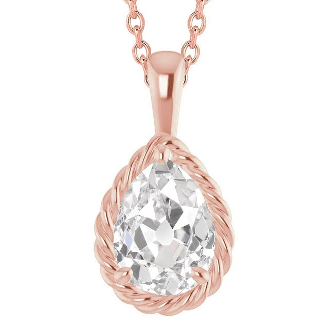 Pendentif Diapositive Réel Diamant Poire ancienne mine Avec Chaîne Or Rose 3 Carats 14K