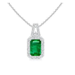 Pendentif Emeraude Vert Colombienne & Diamants 5.85 Carats Or Blanc 14K Neuf