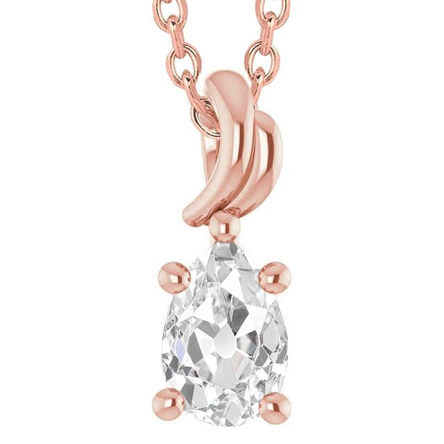 Pendentif Femme Solitaire Réel Diamant Poire Vieux Mineur Or Rose 3 Carats