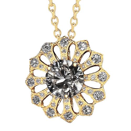 Pendentif Fleur Naturel Diamant 3 Carats Or Jaune 14K