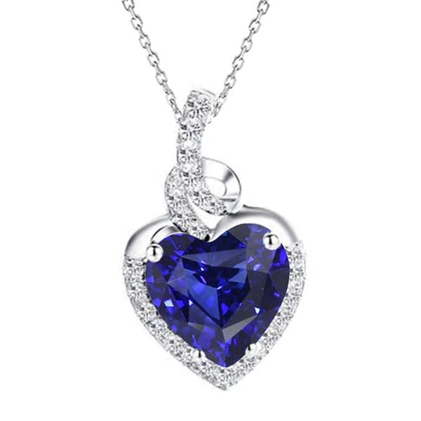 Pendentif Halo Coeur Saphir Bleu & Diamant Style Torsadé 4.50 Carats