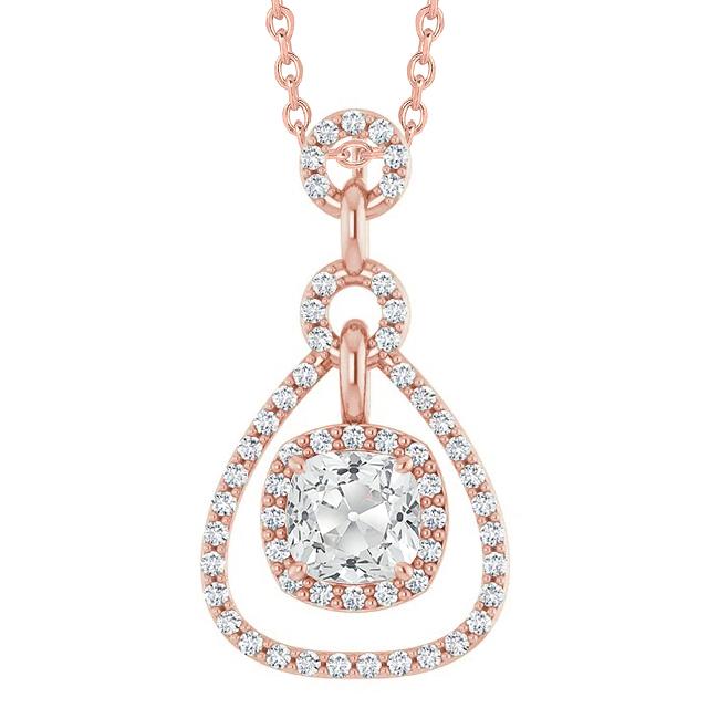 Pendentif Halo Naturel Diamant Or Rose Rond & Coussin Vieux mineur 4 Carats