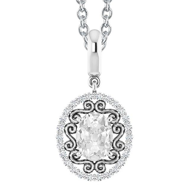 Pendentif Halo Réel Diamant Or Blanc Ovale ancienne mine Cut 3 Carats Avec Chaîne