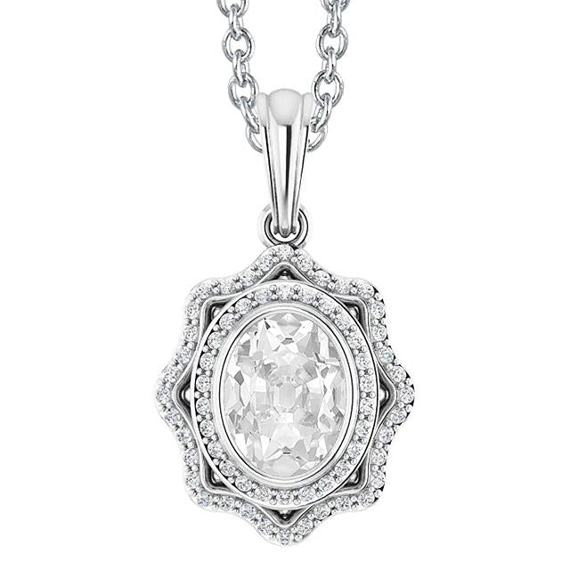 Pendentif Halo Réel Diamant Ovale Vieux mineur Lunette Sertie 4.50 Carats Or Blanc