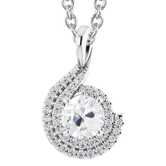 Pendentif Halo Véritable Diamant Taille Ancienne 4.50 Carats Style Courbé Or Blanc 14K