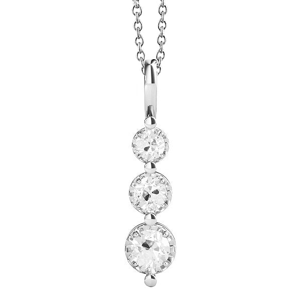 Pendentif Or 3 Pierres Naturel Diamant Rond Vieux Mineur Avec Chaîne