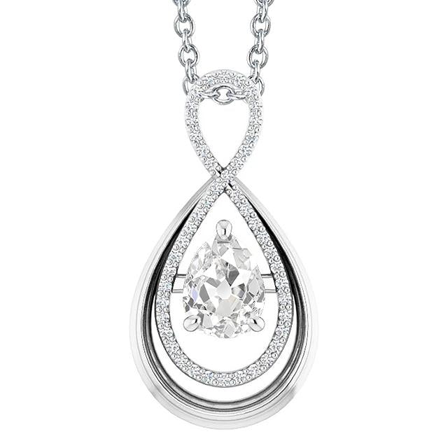 Pendentif Or Blanc 14K Réel Diamant Rond & Poire Taille Vieille Mine 3 Carats