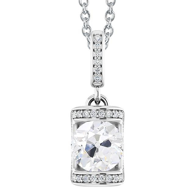 Pendentif Or Blanc Naturel Diamant Avec Chaine Ronde Barre De Taille Ancienne Sertie 3 Carats