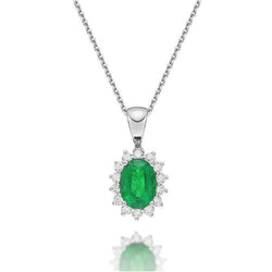 Pendentif Ovale Emeraude Vert Et Diamant Rond 8.75 Carats Or Blanc 14K