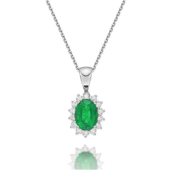 Pendentif Ovale Emeraude Vert Et Diamant Rond 8.75 Carats Or Blanc 14K