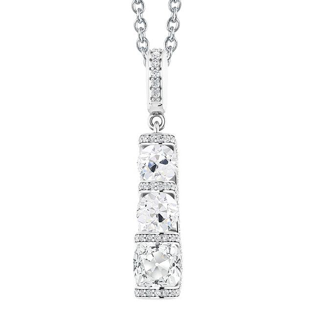 Pendentif Réel Diamant Or Blanc 3 Pierres Style Coussin Vieux mineur 5 Carats