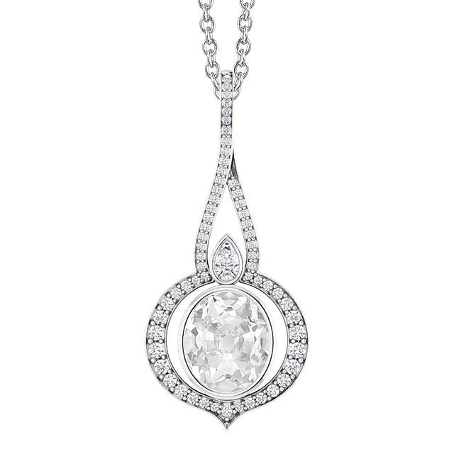 Pendentif Réel Diamant Or Blanc Ovale Taille Ancienne Serti 3.50 Carats