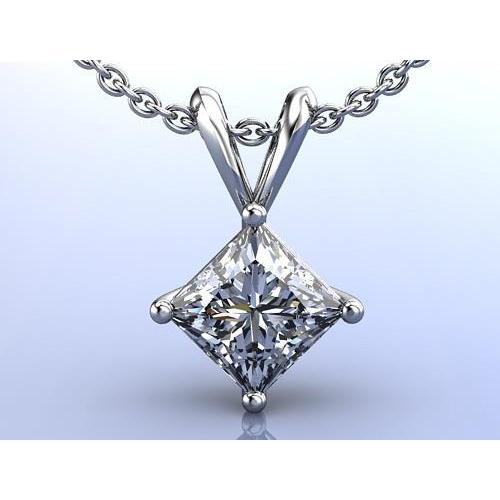 Pendentif Réel Diamant Princesse Serti A Quatre Griffes De 1 Carat En Or Blanc 14 Carats