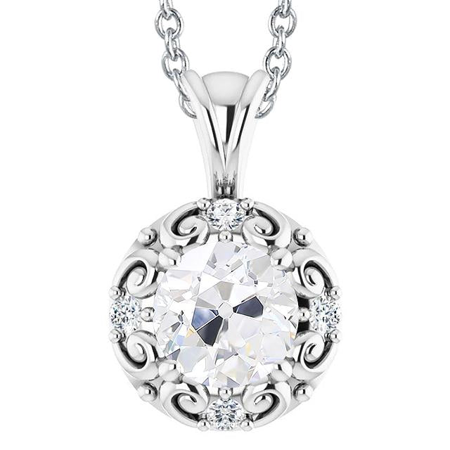 Pendentif Réel Diamant Rond Or Blanc Taille Vieille Mine 3.50 Carats 14K