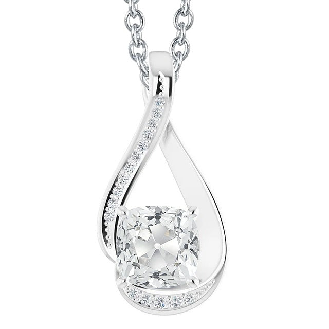 Pendentif Réel Rond & Coussin Diamant Taille Ancienne Or Blanc Slide 5 Carats