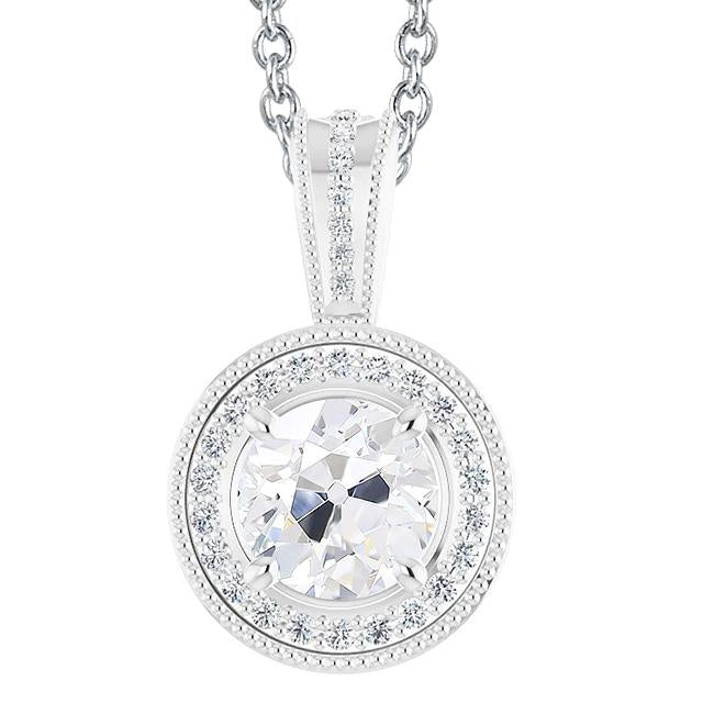 Pendentif Réel diamant rond halo taille ancienne mine 4 carats style perlé