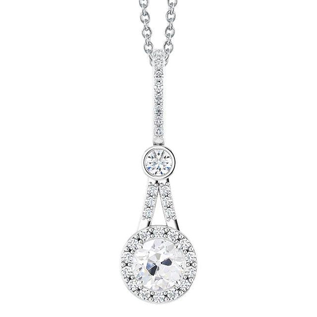 Pendentif Rond Vieux mineur 2.50 Carats Halo Réel Diamant Or Blanc 14K