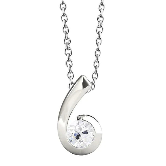 Pendentif Solitaire Authentique Diamant Or 14K Courbé Rond Vieux mineur 1 Carat