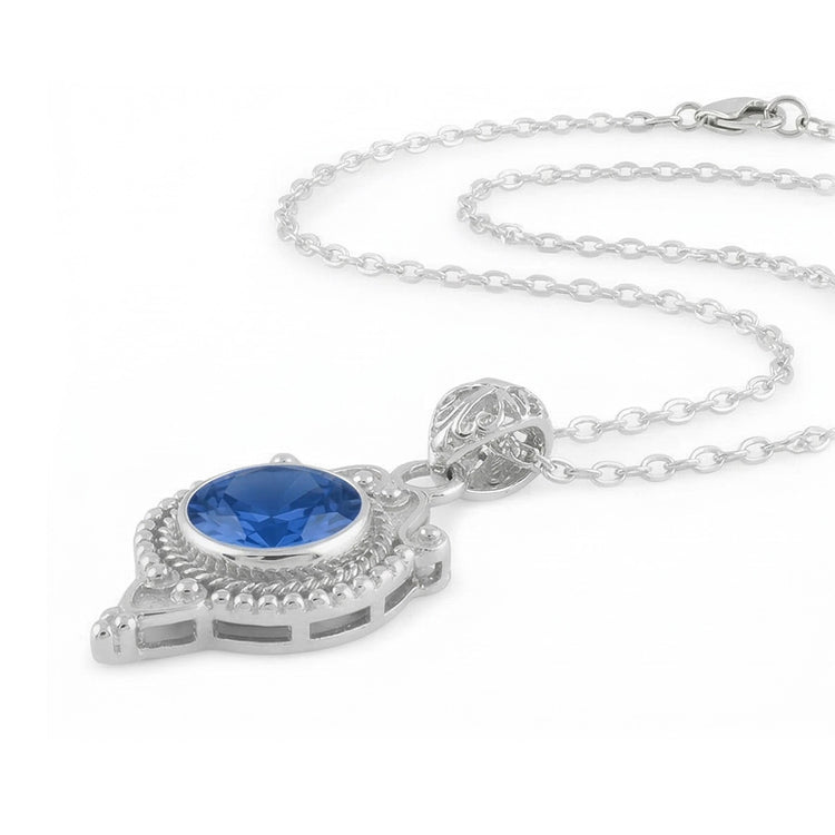 Pendentif Style Antique Saphir Bleu 8 Carats Or Blanc 14K