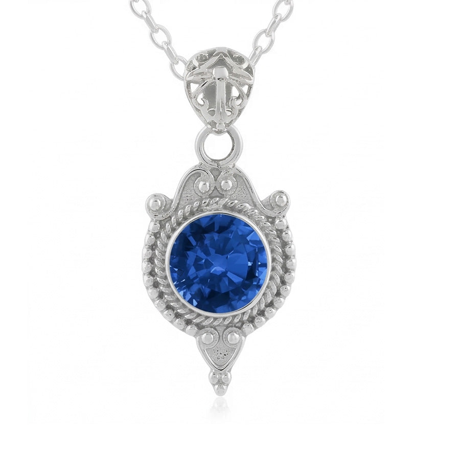 Pendentif Style Antique Saphir Bleu 8 Carats Or Blanc 14K