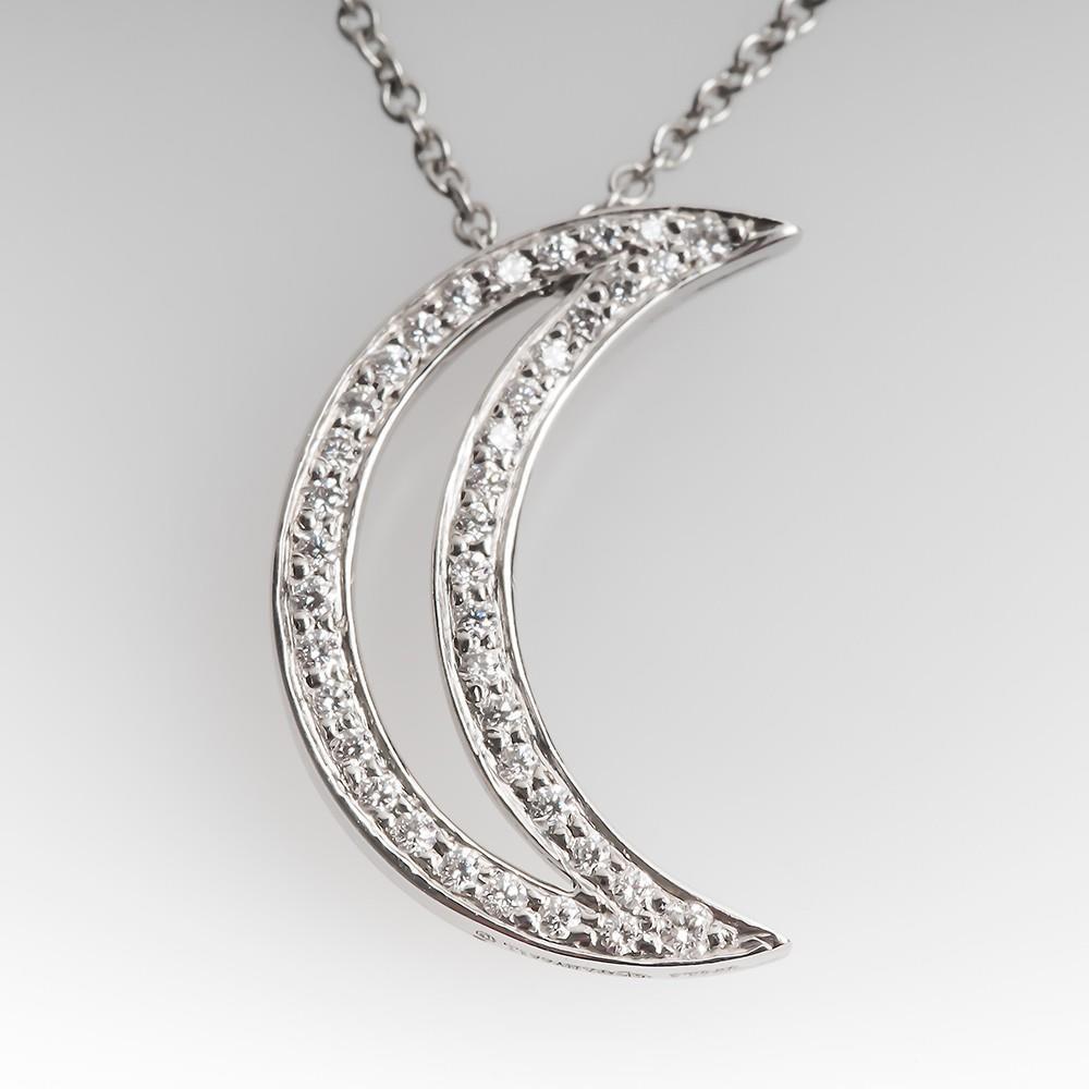 Pendentif Style Lune Naturel Diamant Rond 2 Carats Or Blanc 14K