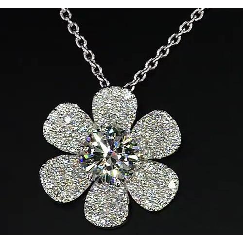 Pendentif Véritable Diamant Fleur 3.50 Carats Or Blanc 14K F Vs1 Neuf