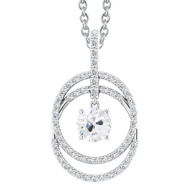 Pendentif cercle Véritable diamant taille ancienne en or blanc 14 carats serti de griffes 3 carats