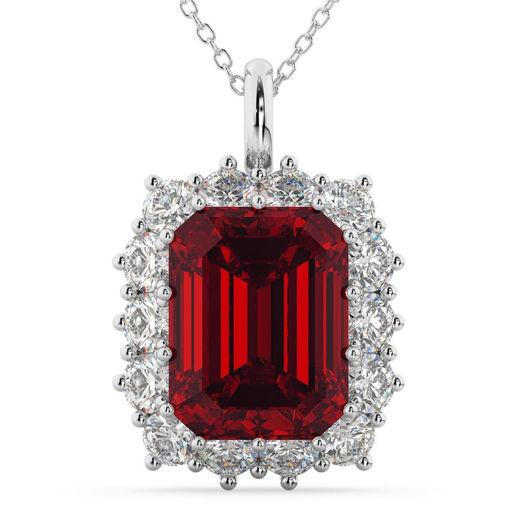 Pendentif femme rubis rouge et diamant taille émeraude en or blanc 9.75 ct. - HarryChadEnt.FR