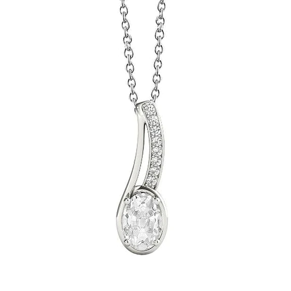 Pendentif or blanc 2 carats Réel diamant ovale et rond serti griffes