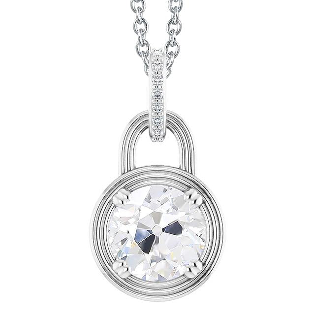 Pendentif rond Véritable diamant taille ancienne style serrure 3.50 carats or blanc 14K