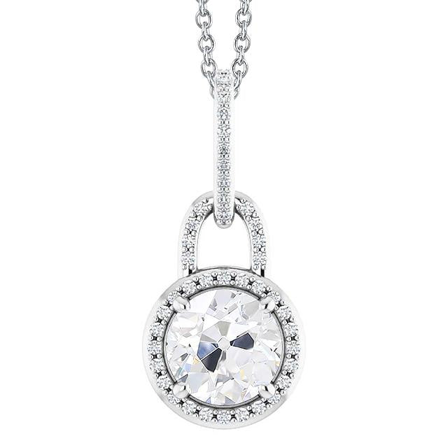 Pendentif rond ancienne mine Cut 3 Carats Halo Lock Naturel Diamond avec chaîne en or