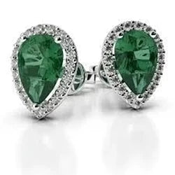 Poire Émeraude Vert Avec Diamant Boucle D'Oreille Dames 11 Carats Or Blanc 14K