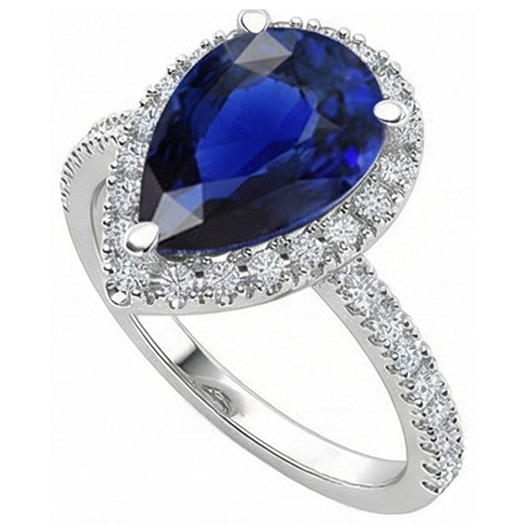 Poire Halo Gemme Bague Saphir Bleu Accents Diamants Bijoux 5 Carats