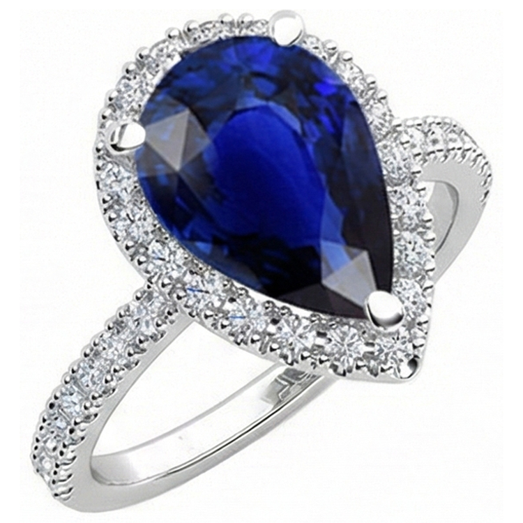 Poire Halo Gemme Bague Saphir Bleu Accents Diamants Bijoux 5 Carats